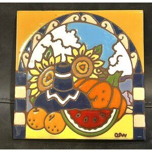 Earthtones "Fruit" Tile Harvest Sunflowers Hand Painted Trivet 6"x6" Signed